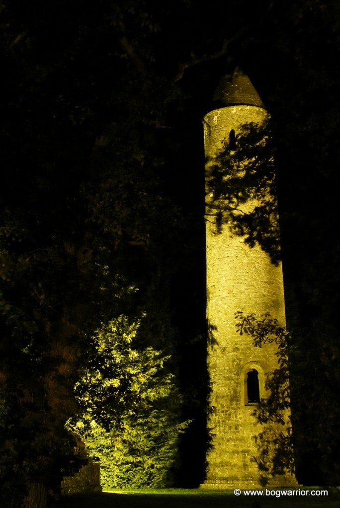 Timahoe round tower at night