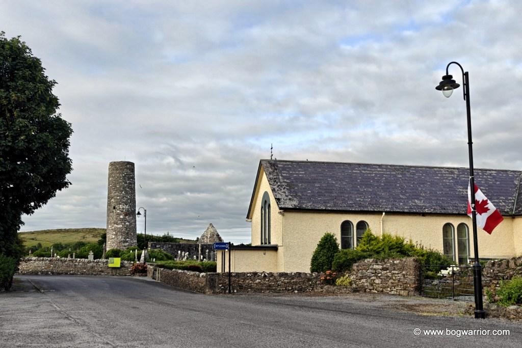 Aughagower church, tower and Canadian flag